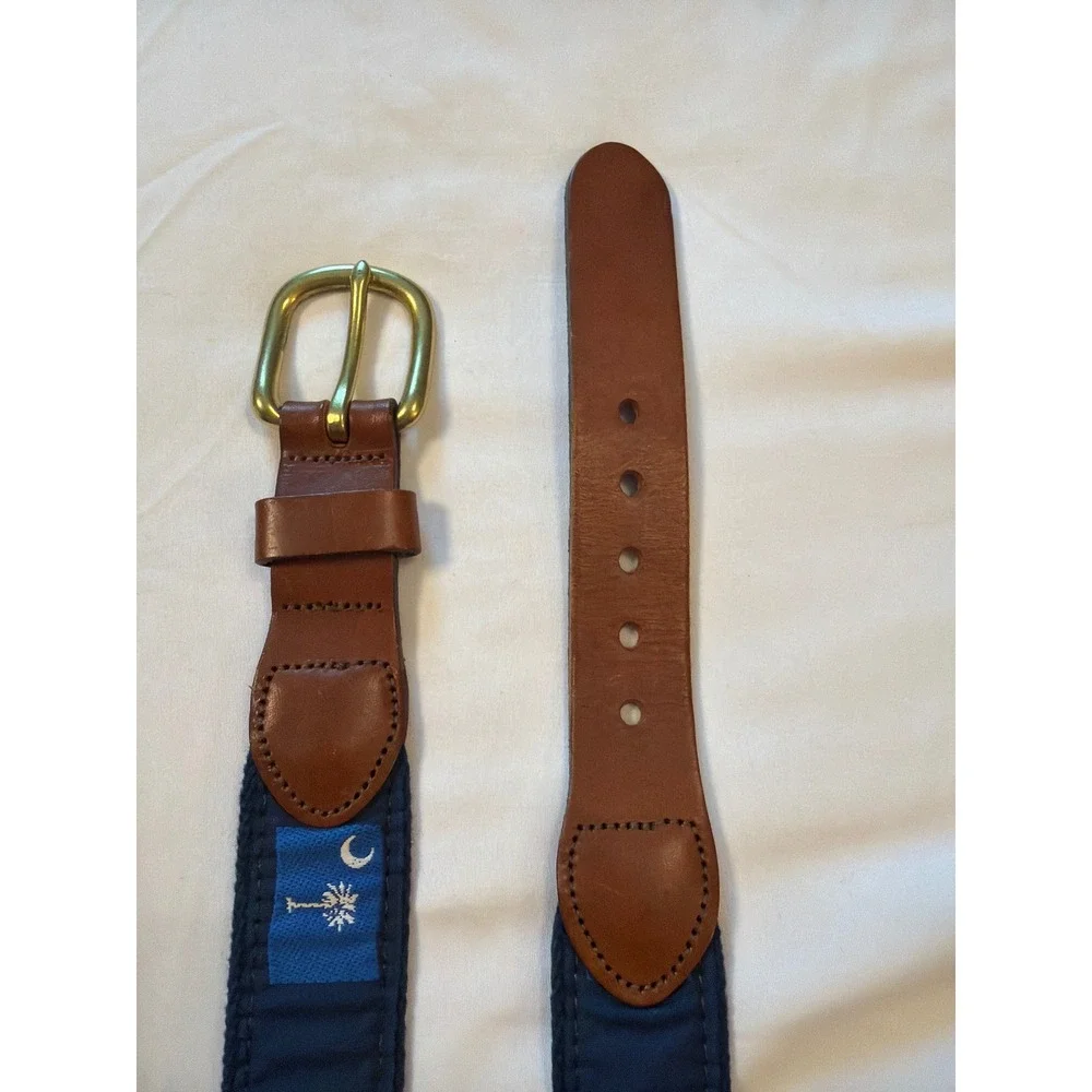 Leather Man Ltd South Carolina Flag Belt Navy Canvas Brown Leather Brass Size 36